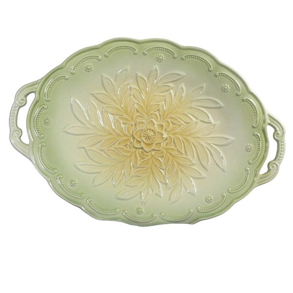 Serving Tray Ceramic Double Handles Embossed Raised Floral Pattern 12.5" - Picture 2 of 11